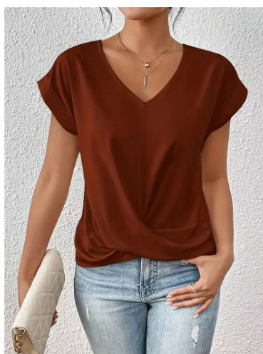 Fashion V-neck Short-sleeve T-shirt Summer Casual Irregular Knot Top For Women Clothing