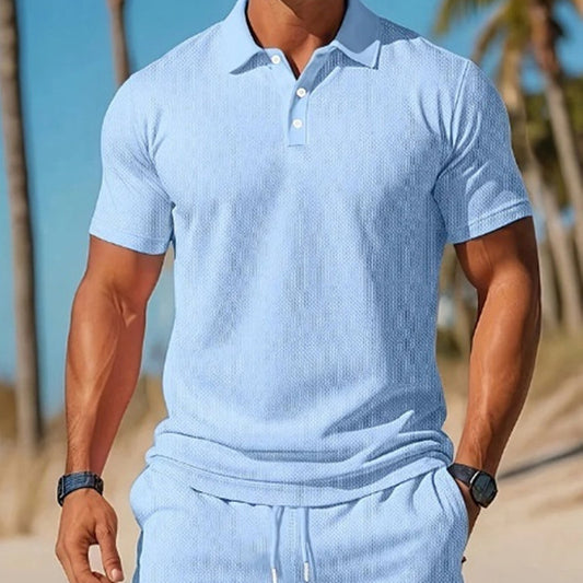 Men's Casual Beach Mesh Lapel Set Summer Comfortable Breathable Loose Solid-Color Sports Short-Sleeved Shirt And Shorts Set