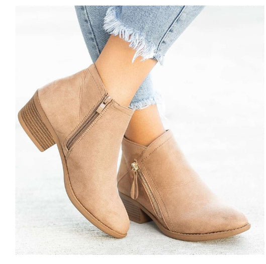 Chunky Heel Side Zip Mid-heel Ankle Boots